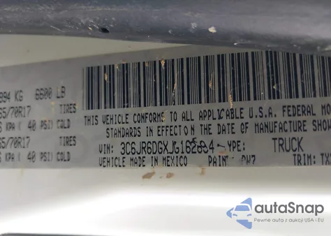 2018 Ram 1500 Tradesman 4X2 8' Box z USA, uszkodzony, nr VIN 3C6JR6DGXJG162694